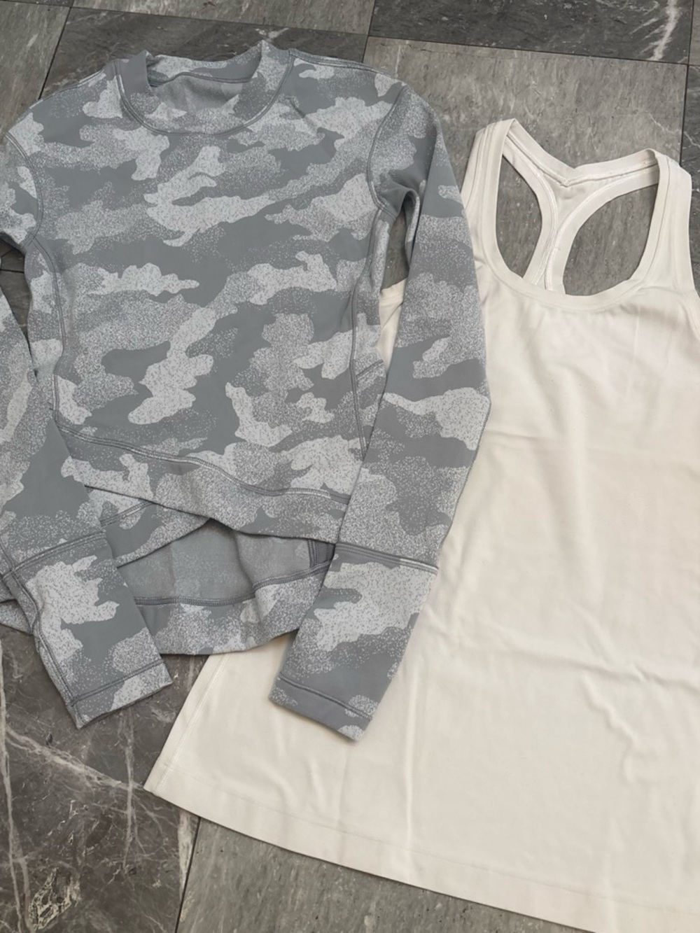 Lululemon 2 Piece Workout Set Camo Long Sleeve + White Racerback Tank